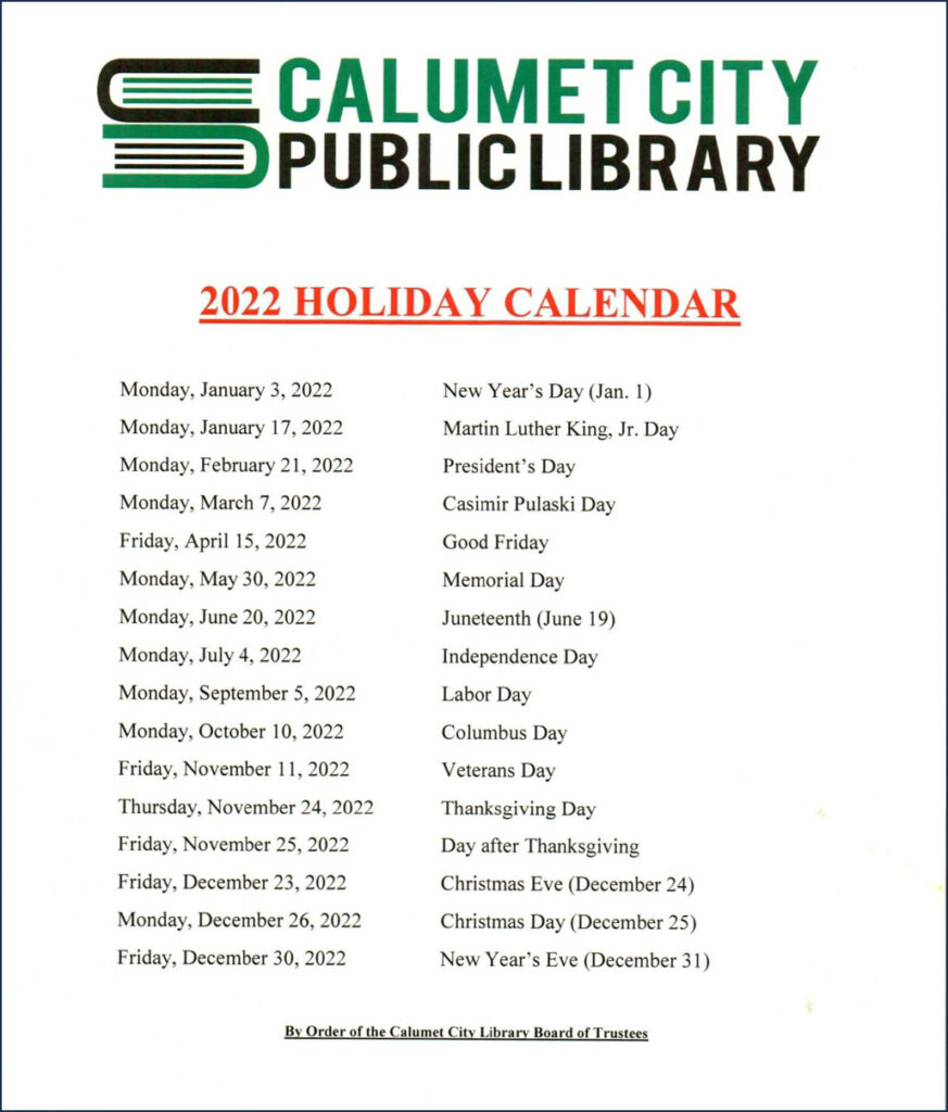 2022 Holiday Calendar Calumet City Public Library